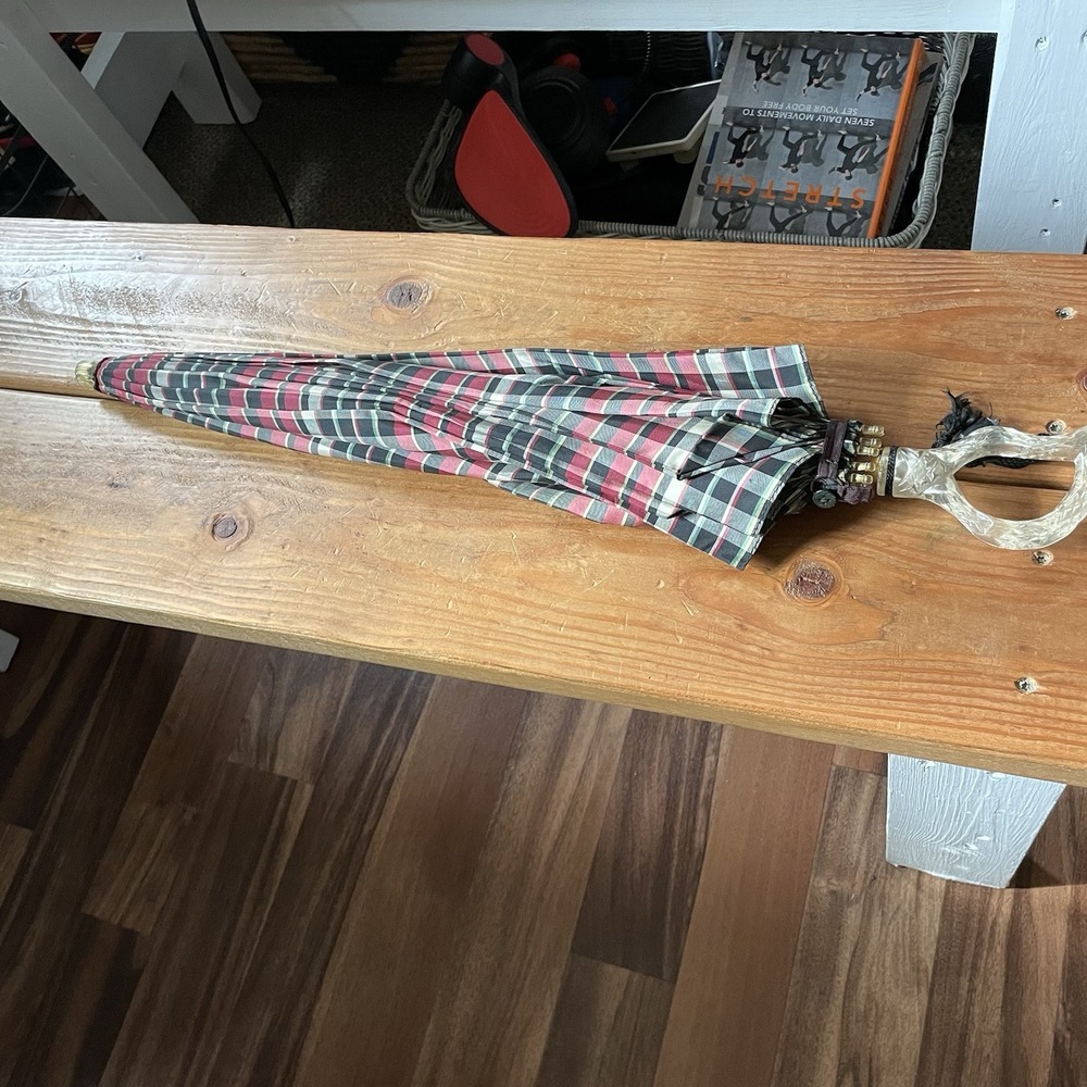 Vintage Red & Black Blue Plaid Umbrella w/Clear Lucite Handle Bamboo